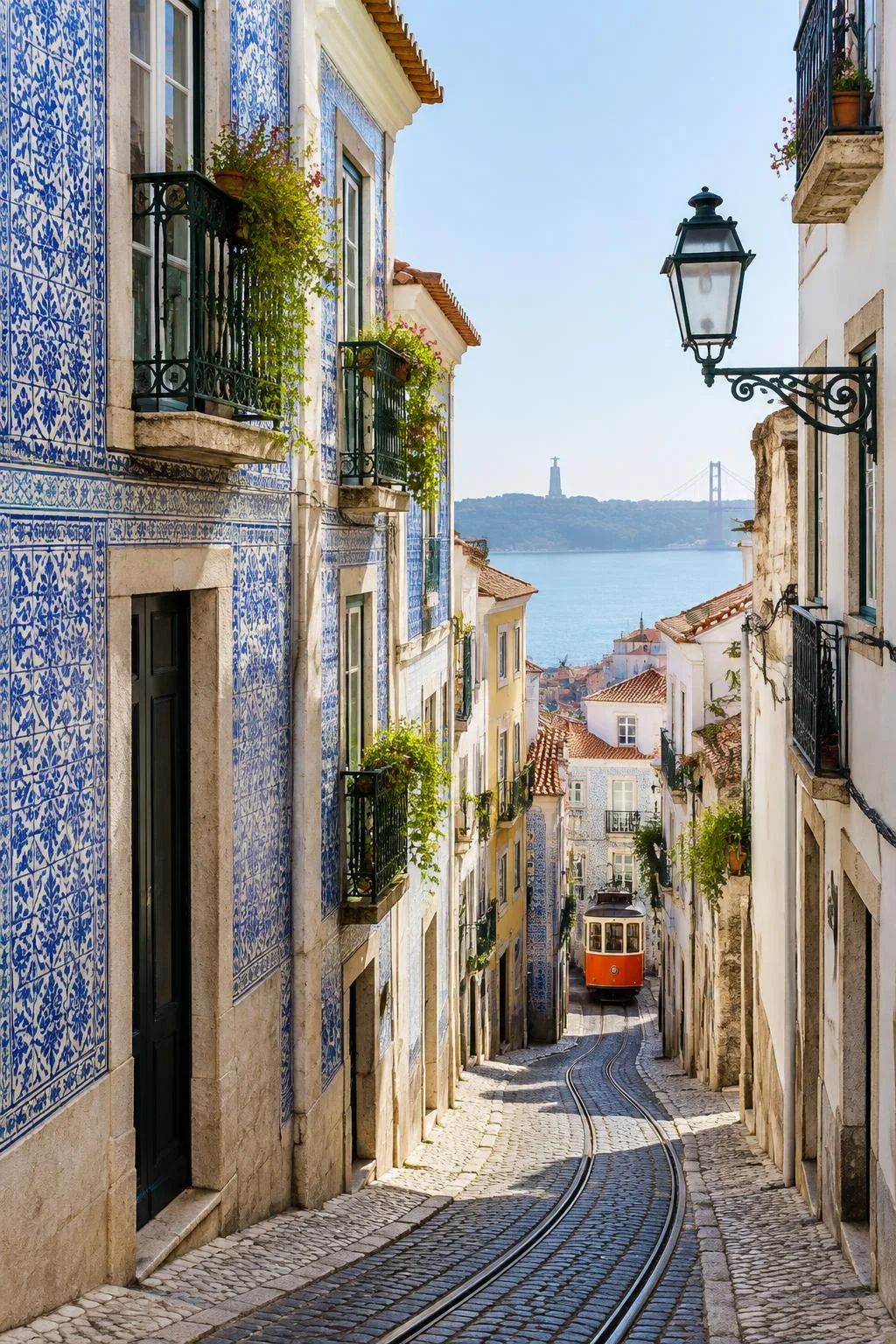 Interpretação de uma rua de Lisboa com azulejos e um elétrico — imagem de demonstração gerada por IA