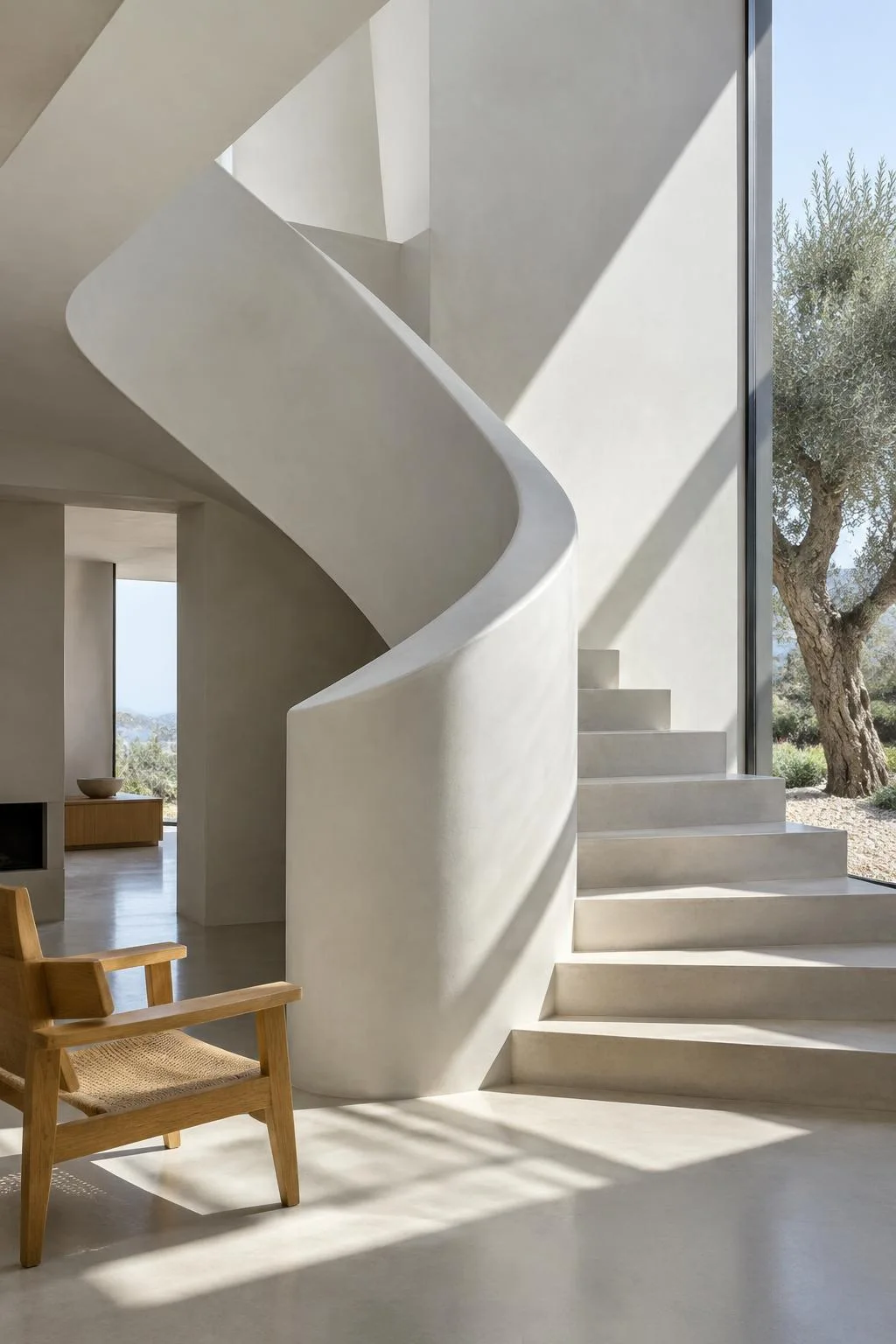 Escada escultórica com luz natural e sombras geométricas — imagem de demonstração gerada por IA