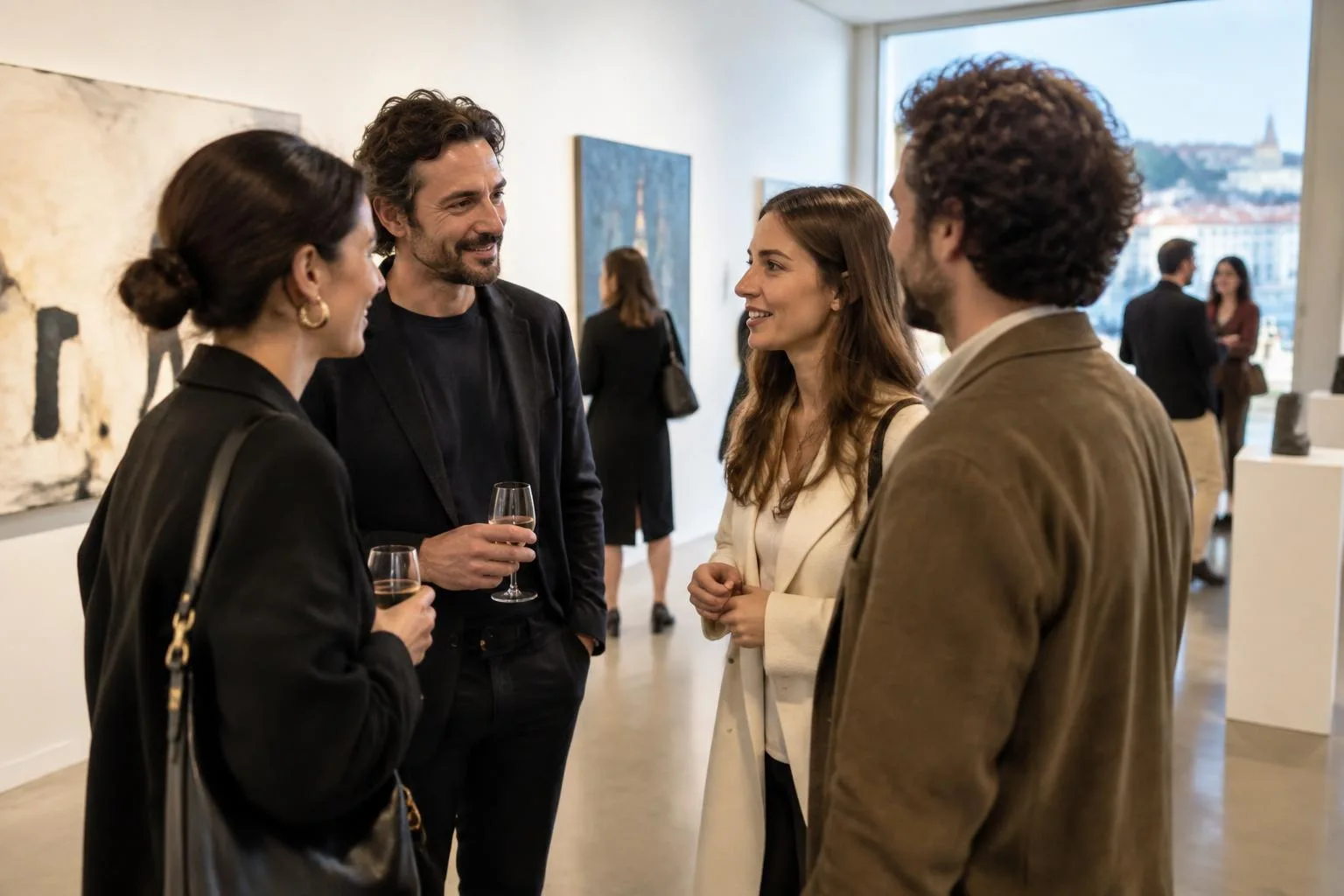 Grupo de pessoas em conversa num espaço de exposição de arte — imagem de demonstração gerada por IA