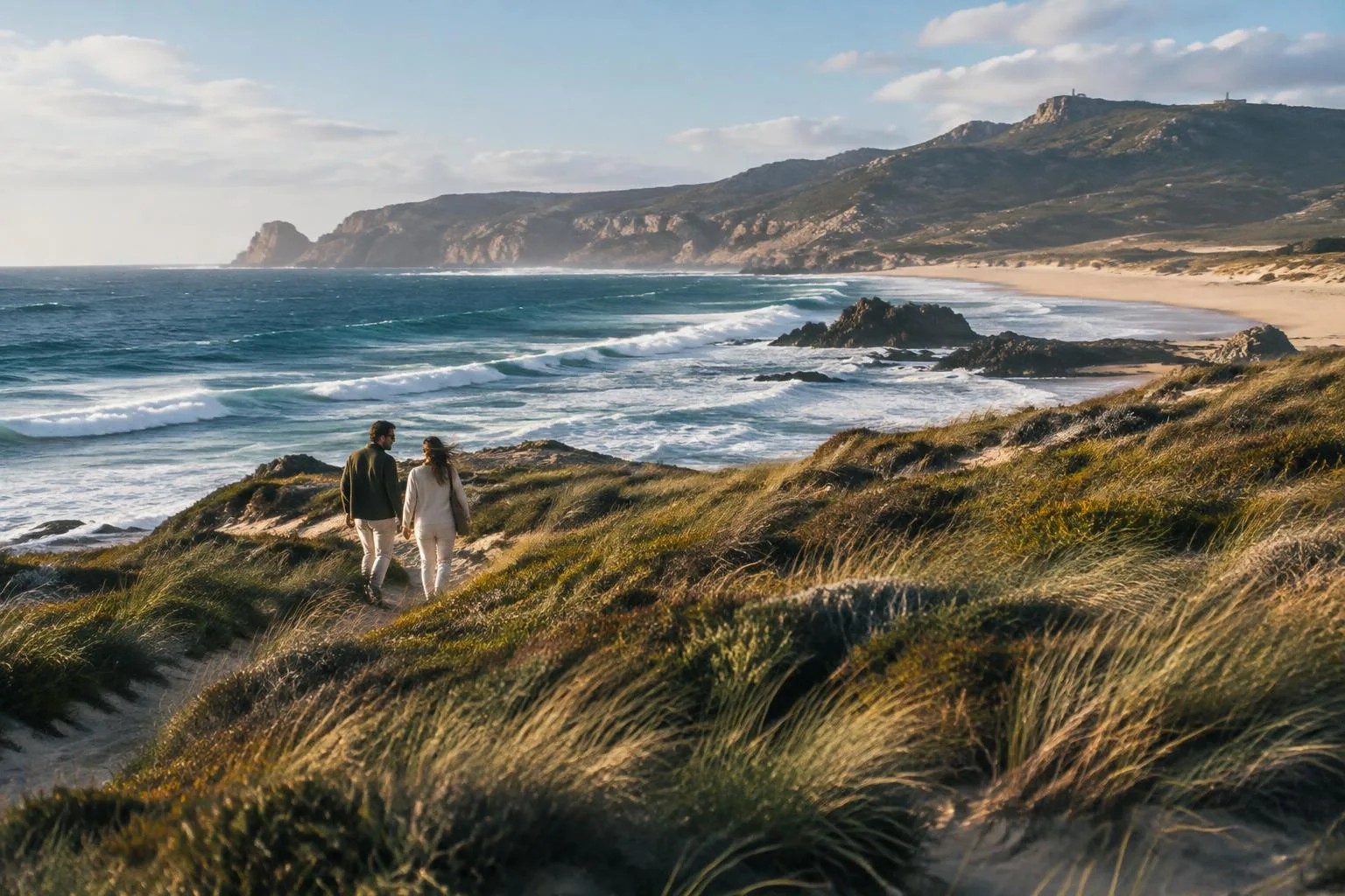 Duas pessoas a caminhar junto ao mar numa paisagem costeira portuguesa — imagem de demonstração gerada por IA